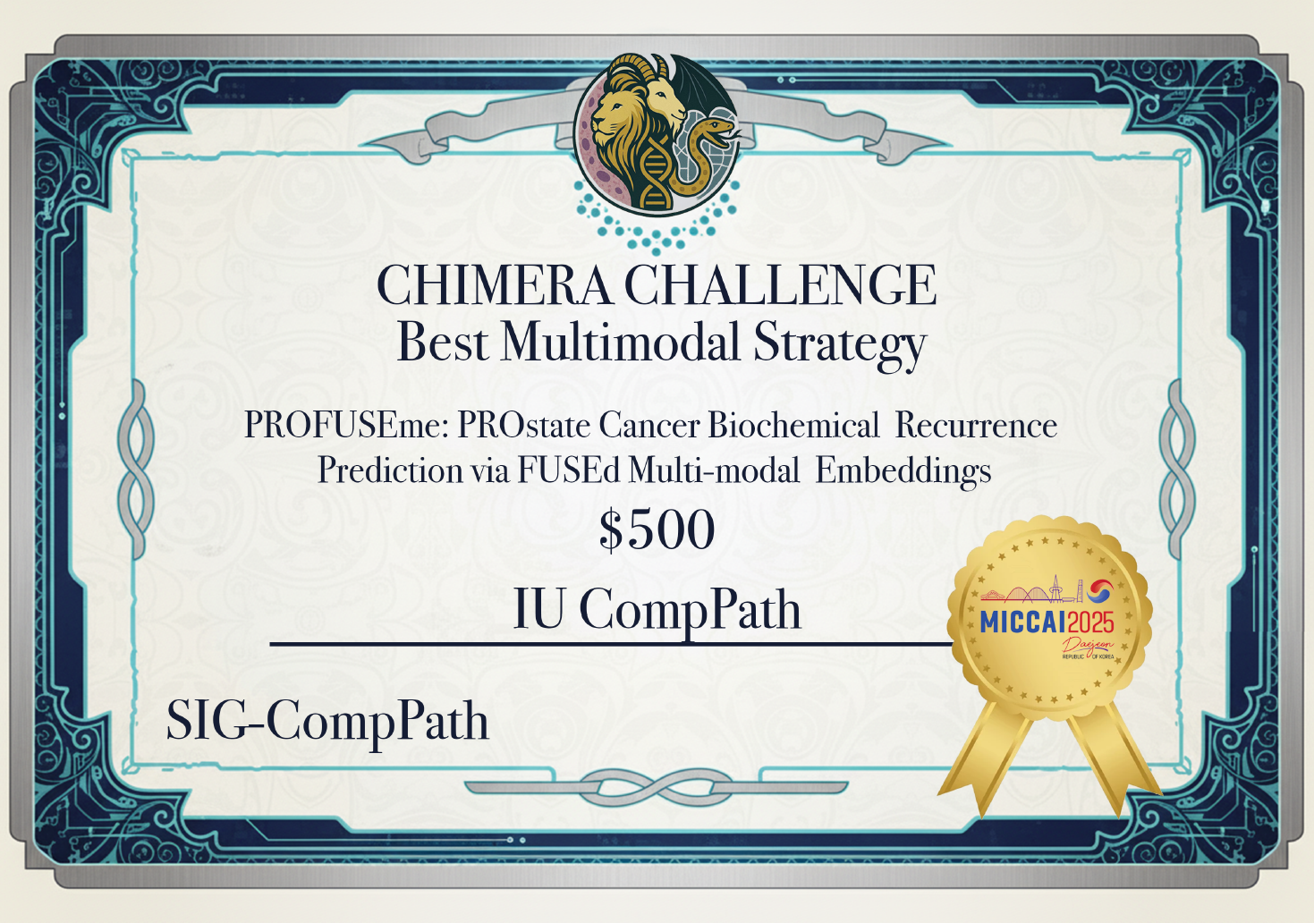 CHIMERA Challenge – Best Multimodal Strategy Award Certificate