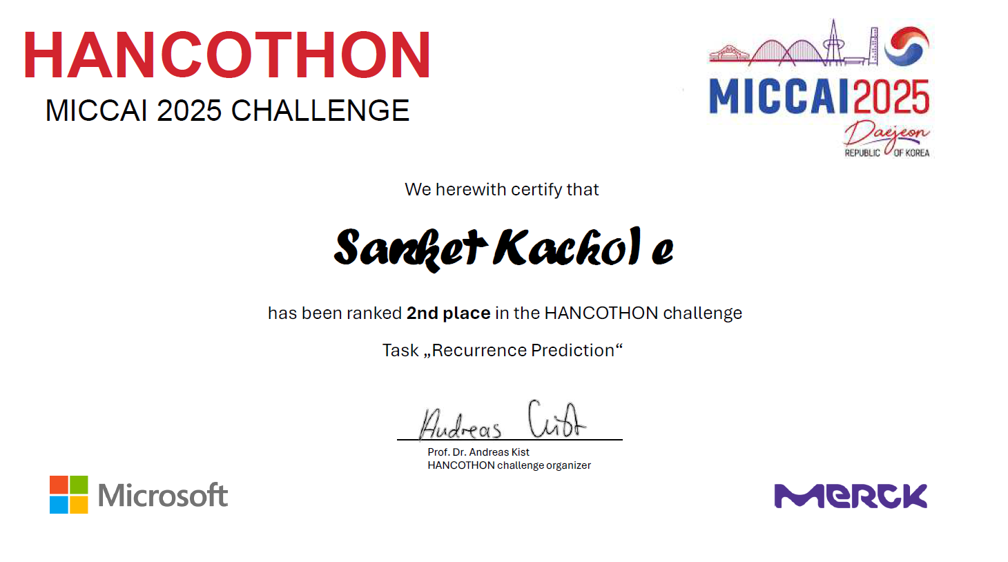 HANCOTHON MICCAI 2025 – 2nd Place Award Certificate